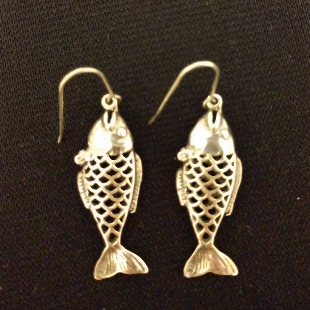Sterling 3-D Fish Charm Earrings - Picture 1 of 2